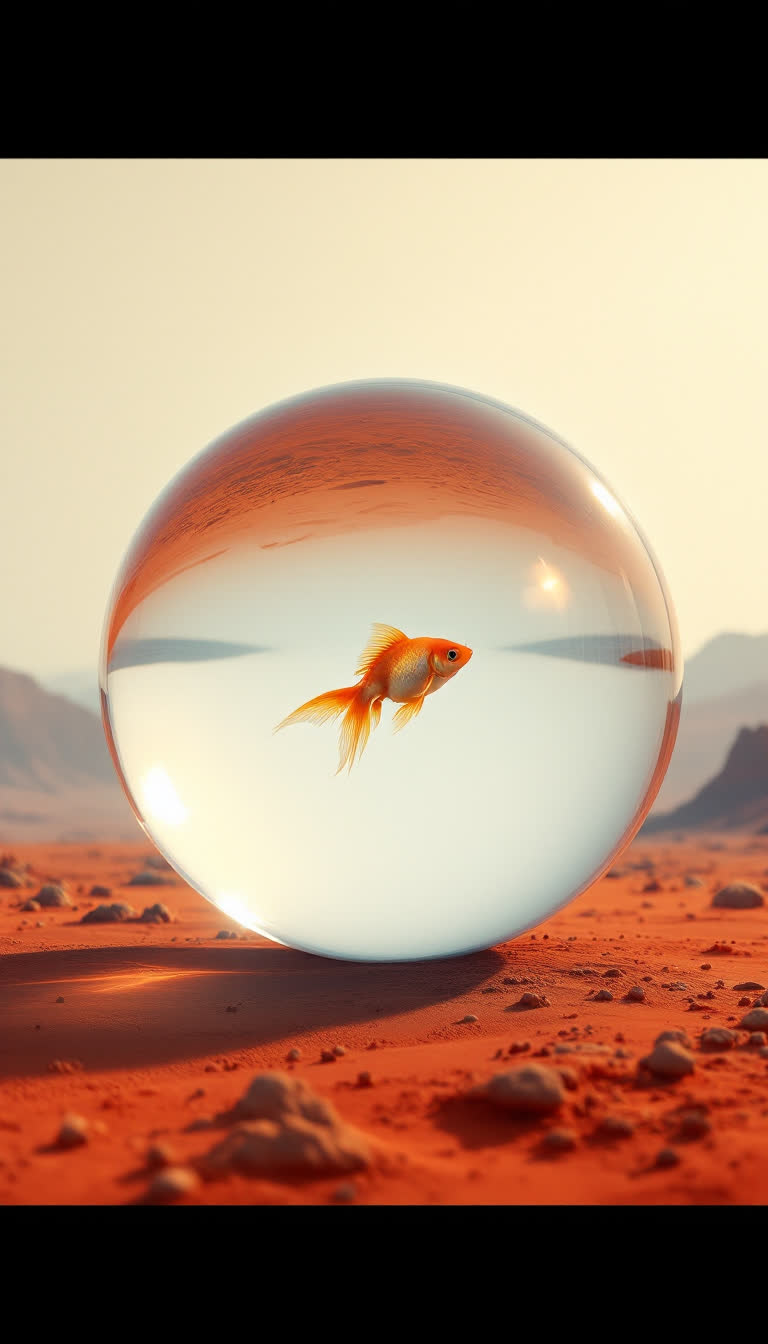 A goldfish swimming inside a bubble of water on mars