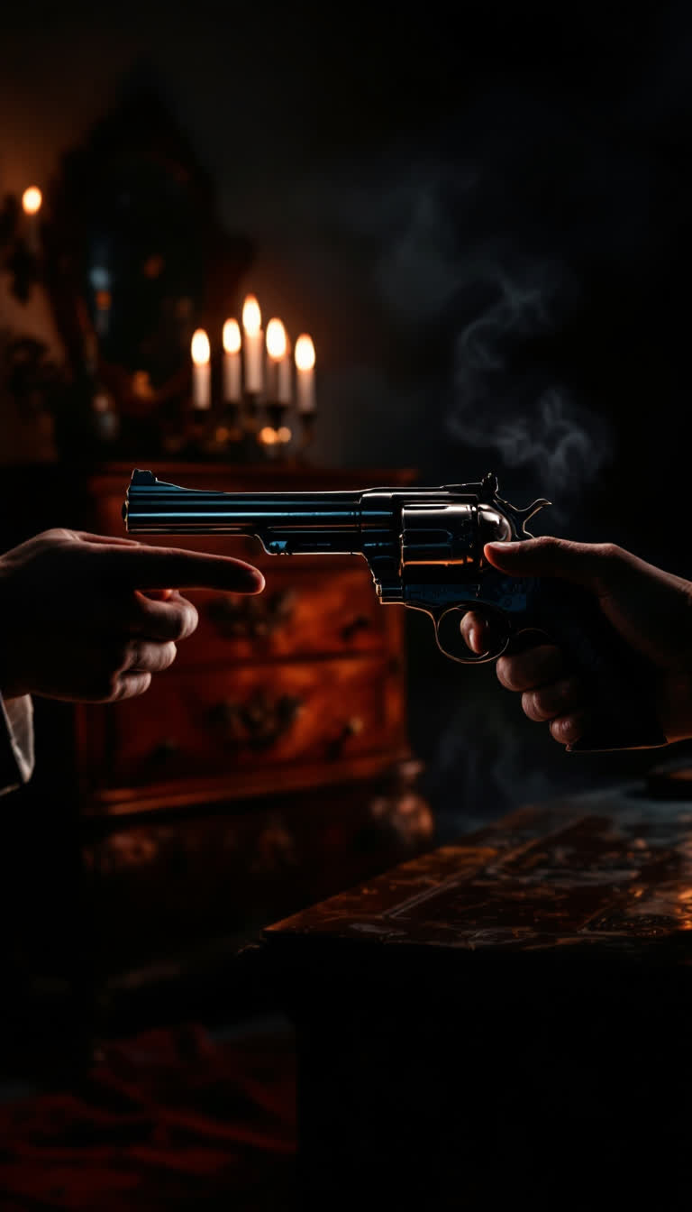 Vintage magnum gun gleaming under flickering candlelight elegant hand reaching with a steady grip in shadows dancing across walls rich mahogany dresser adorned with intricate carvings mysterious atmosphere filled with soft whispers of the night ambient light casting dramatic silhouettes creating suspenseful tension enveloping ancient relics and secrets longing to be uncovered
