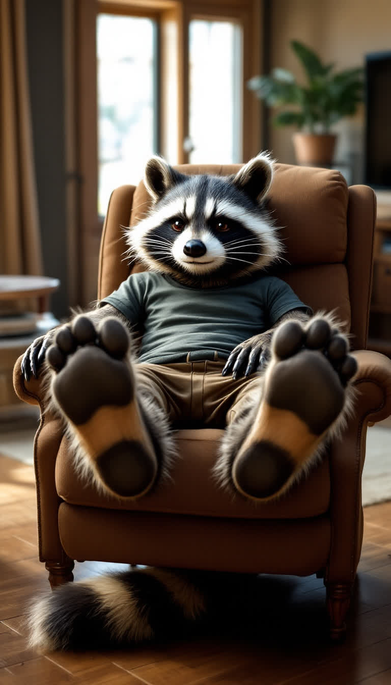 A smug anthropomorphic raccoon on a recliner showing off the soles of his big sweaty padded feet paws