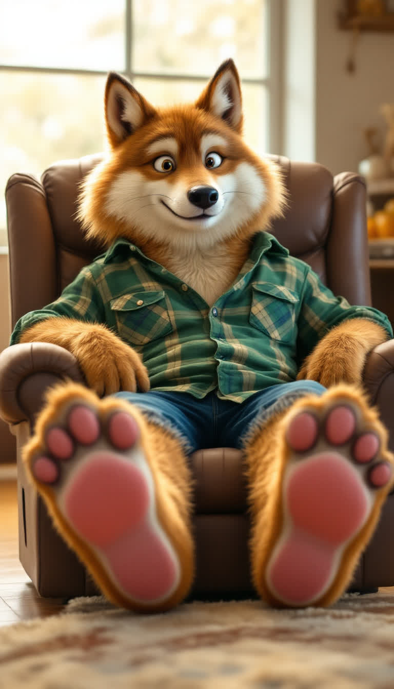 An anthropomorphic brown wolf in a green flannel on a recliner showing off the soles of his big sweaty feet paws, pink soles with pads and brown toe claws