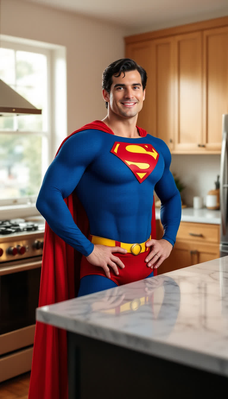 Classic superman at home in the kitchen behind the island marching in place 