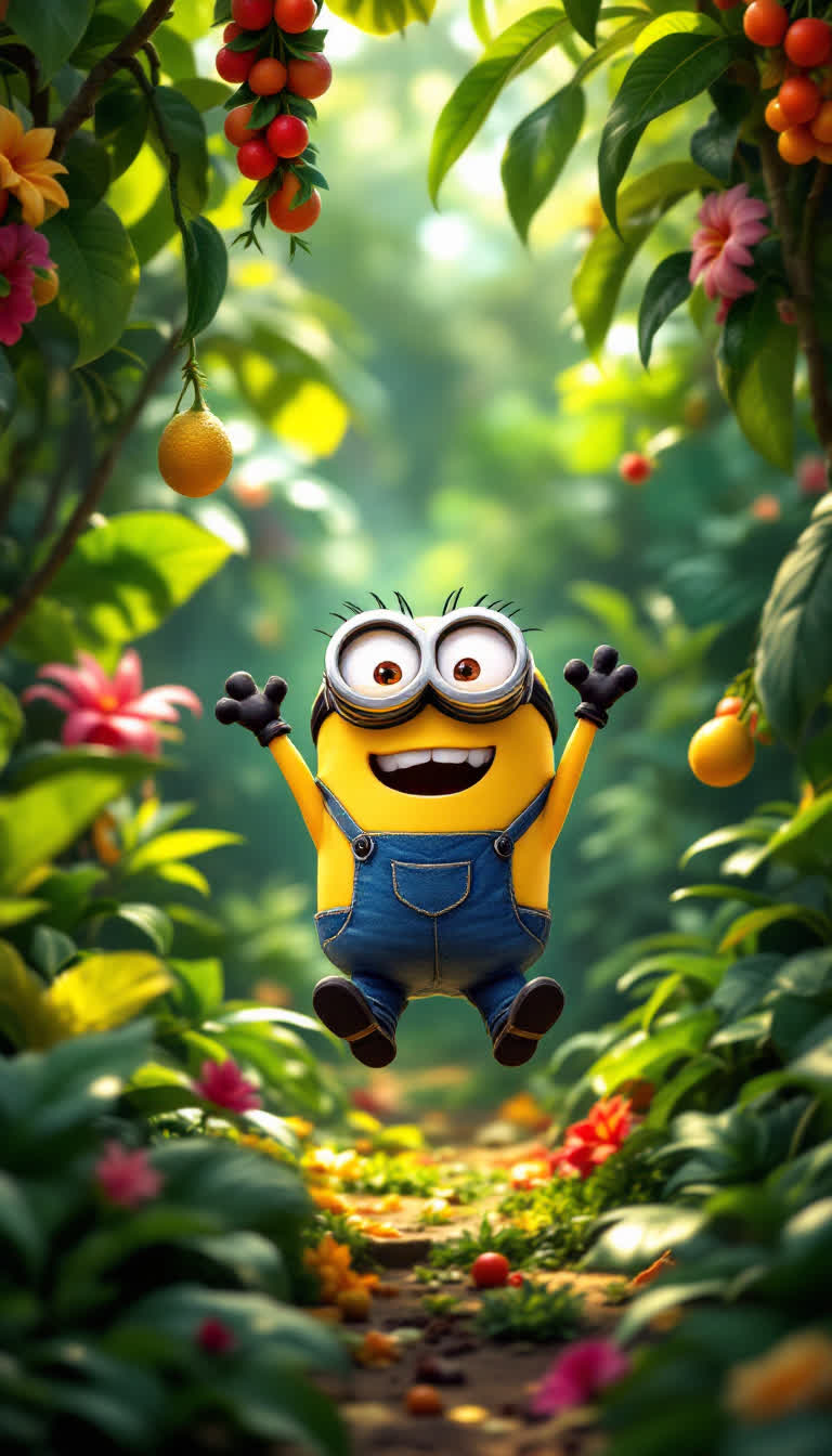 Cheerful yellow minion with overalls bouncing joyfully among vibrant greenery and oversized tropical plants Swinging on vines and picking colorful fruits as sunlight filters through the dense canopy of leaves Surroundings filled with exotic flowers and distant animal sounds creating a lively atmosphere in the lush jungle