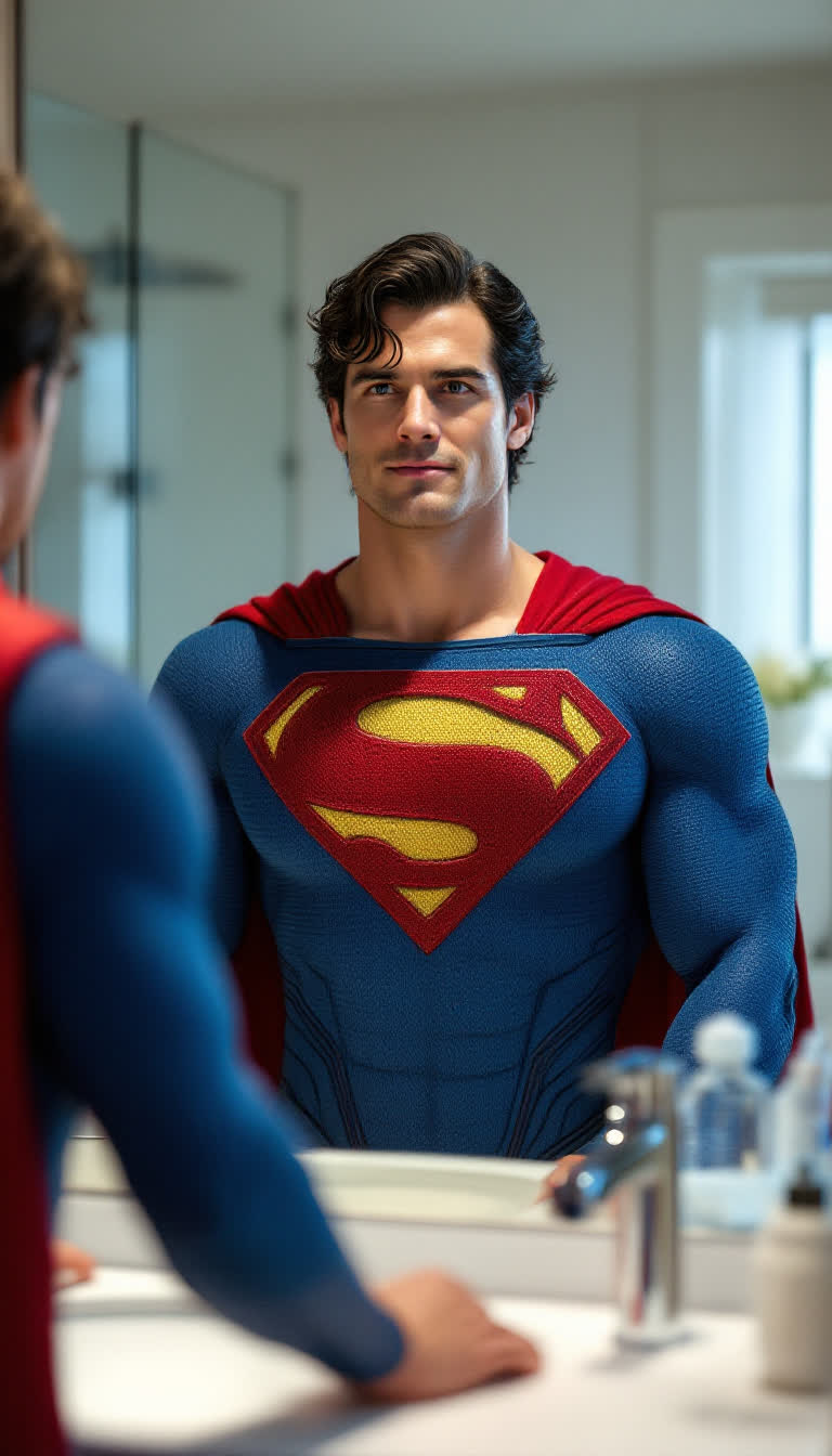 Classic superman at home in the bathroom 