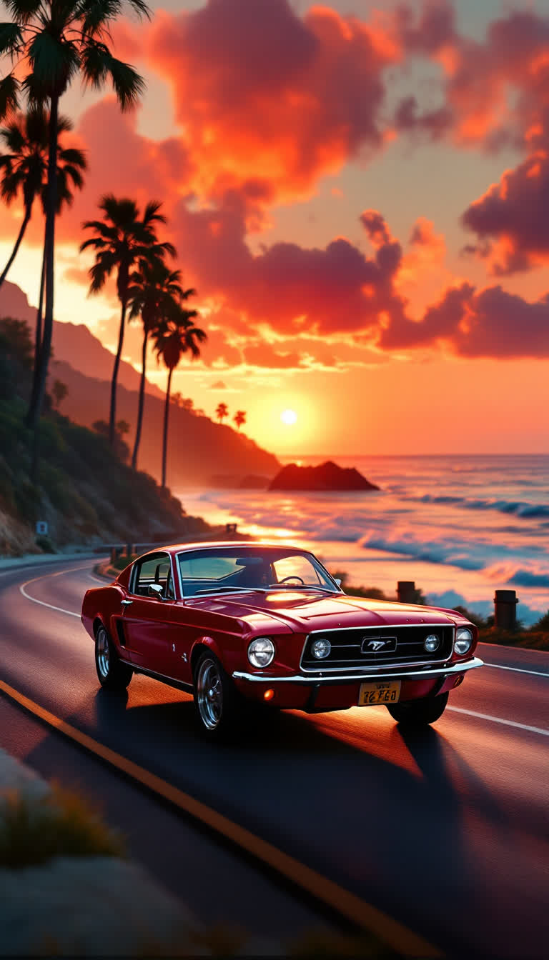 68 Ford mustang, cherry red, driving down the coast