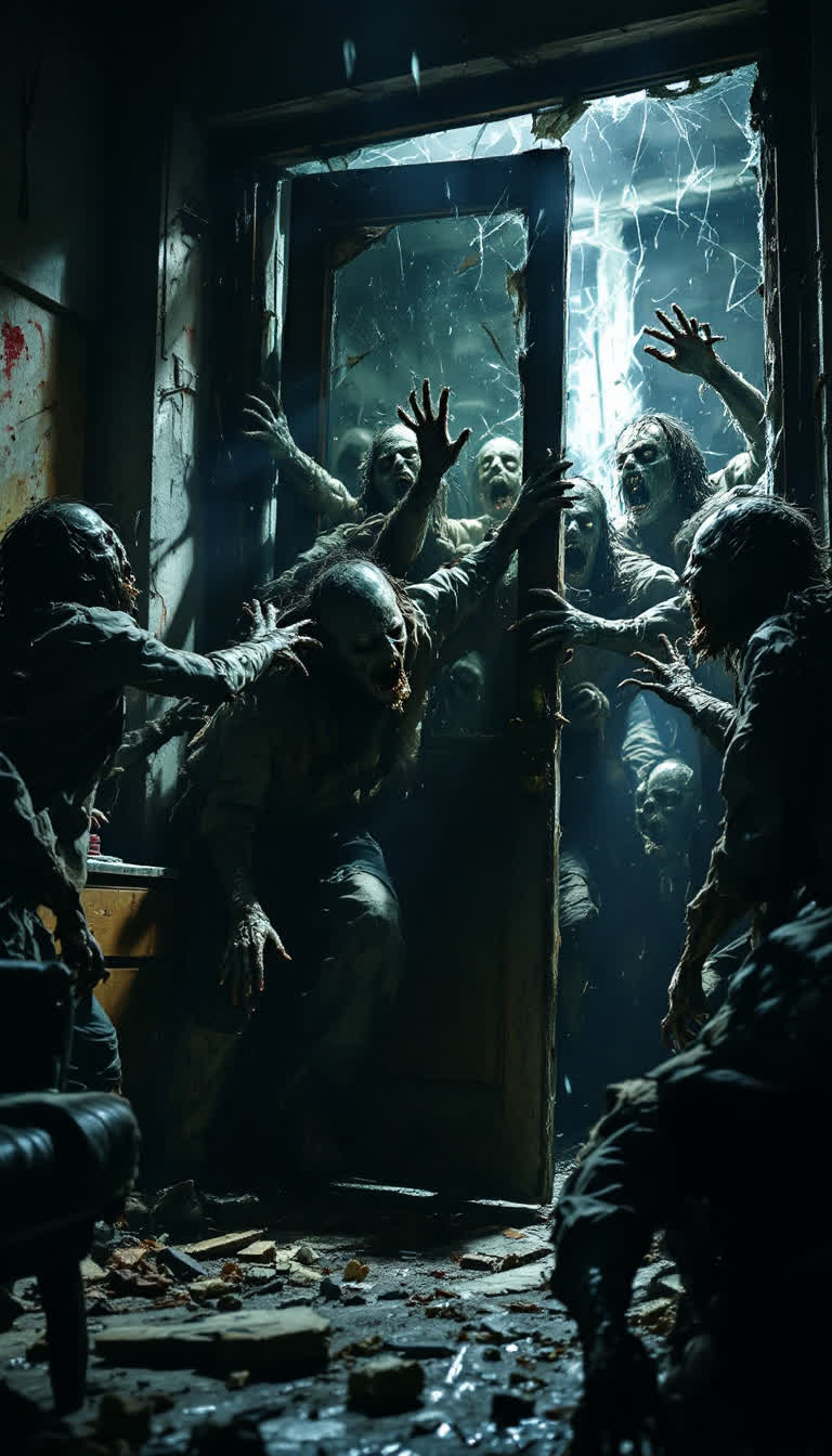 Hord of zombies busting trough a window and door