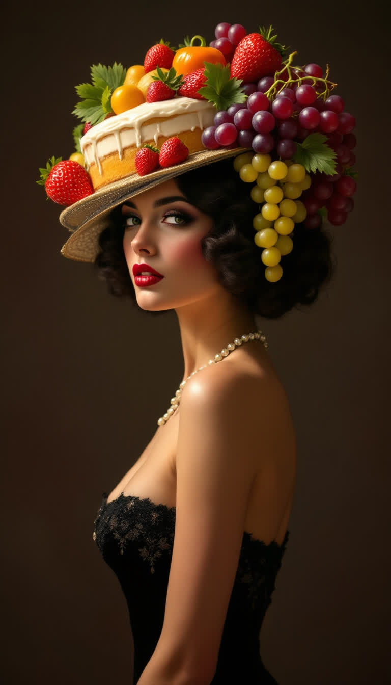  1920s style Rubinesque women wearing whimsical hats crafted from vibrant, hyper detailed food items like a sstrawberry topped cake or a cluster of grapes Rendered with the meticulous detail and magnificent aesthetic of vintage fashion illustration, with soft, dramatic lighting and a rich, saturated color palette, in the style of Gil Elvgren and Alberto Vargas Cinematic, striking, concept art