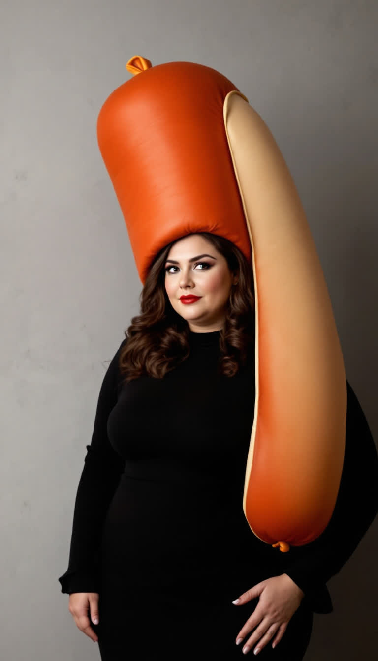 A beautiful and very curvy woman wearing an oversized sausage hat 