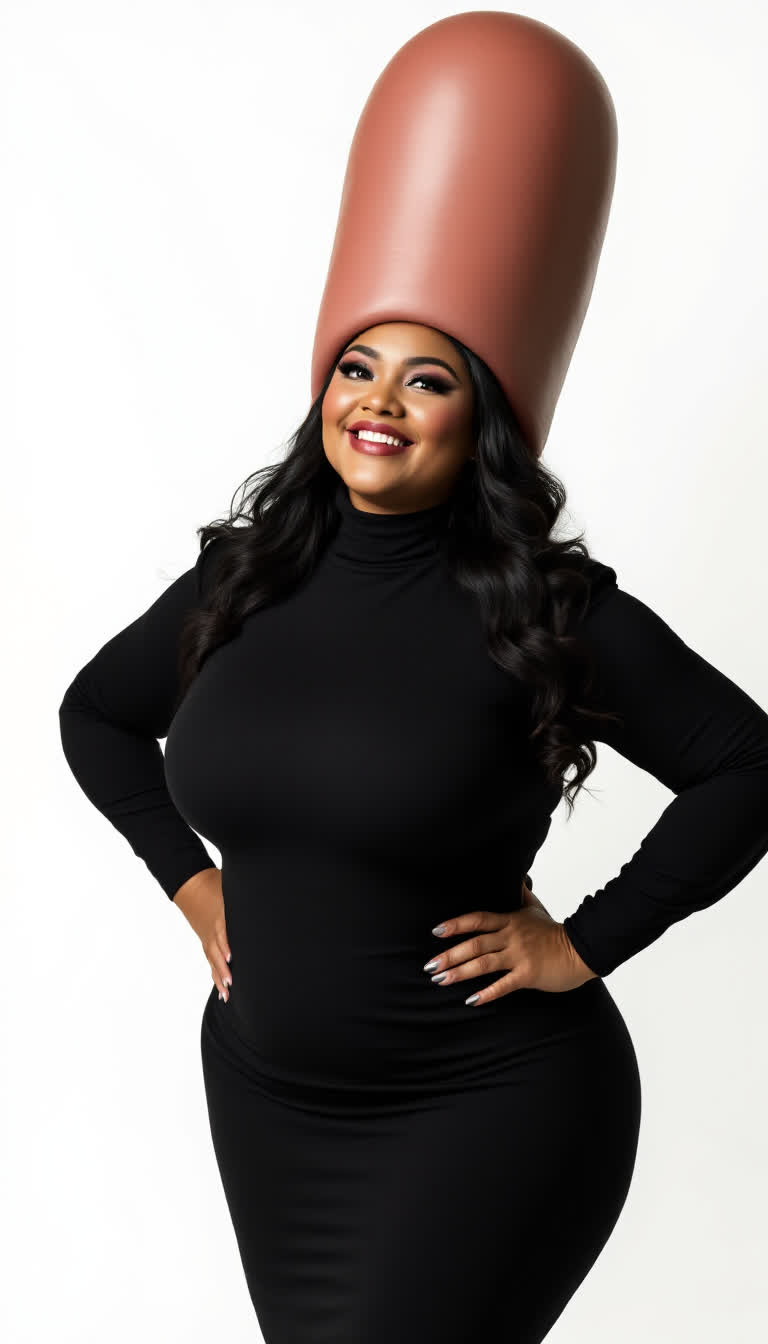 A beautiful and very curvy woman wearing an oversized sausage hat 