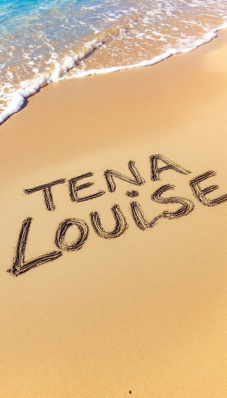 Write the name TENA LOUISE IN THE SAND ON A BEAUTIFUL BEACH WITH DLOWING WATERS