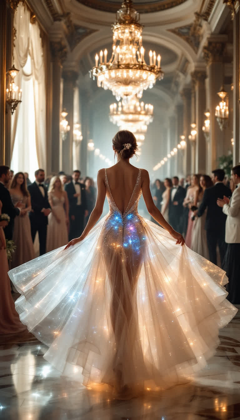 Pounie A stunning female figure in a clear glass ballgown, gracefully gliding across an opulent ballroom filled with shimmering chandeliers and rich, golden decor The gown reflects the soft, ambient light, creating a mesmerizing play of colors as she moves Guests in elegant attire surround her, their expressions a mix of awe and admiration The scene is filled with intricate details, such as ornate columns and luxurious drapes, while the polished marble floor adds a touch of elegance The atmosphere is festive, with soft music echoing in the background, enhancing the enchanting ambiance The camera captures a midshot, focusing on her poised stance and the gowns ethereal beauty, illuminated by the warm glow of the chandeliers