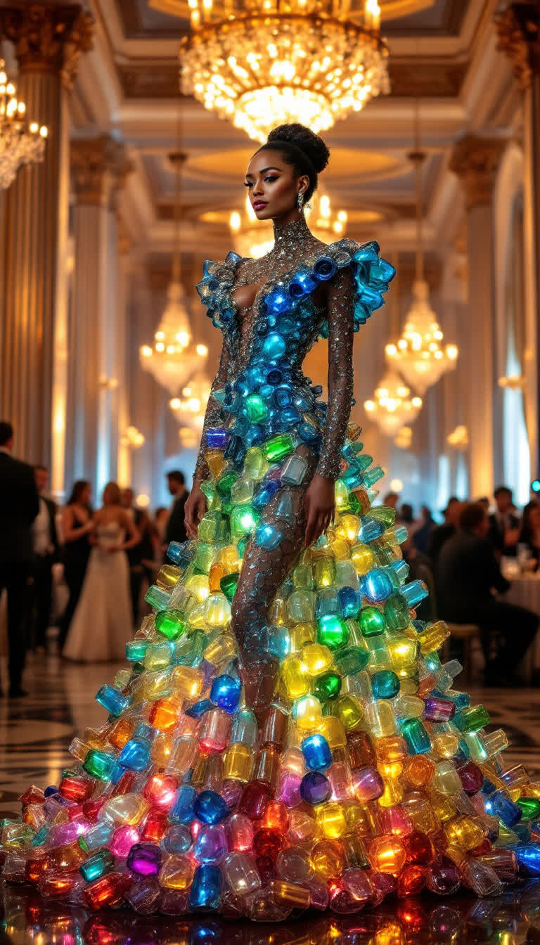 Pounie A stunning female figure in a unique ballgown crafted from shimmering glass beer bottles, reflecting light in a dazzling array of colors She stands gracefully at the center of an opulent ballroom, surrounded by lavish decorations and crystal chandeliers that cast a warm, inviting glow The atmosphere is filled with the soft murmur of elegant conversations and the clinking of glasses Her gown flows elegantly to the floor, the glass elements catching the light with every movement The scene captures the grandeur of the event, with ornate columns and rich drapery framing the background, while guests in formal attire dance and mingle, adding to the enchanting ambiance