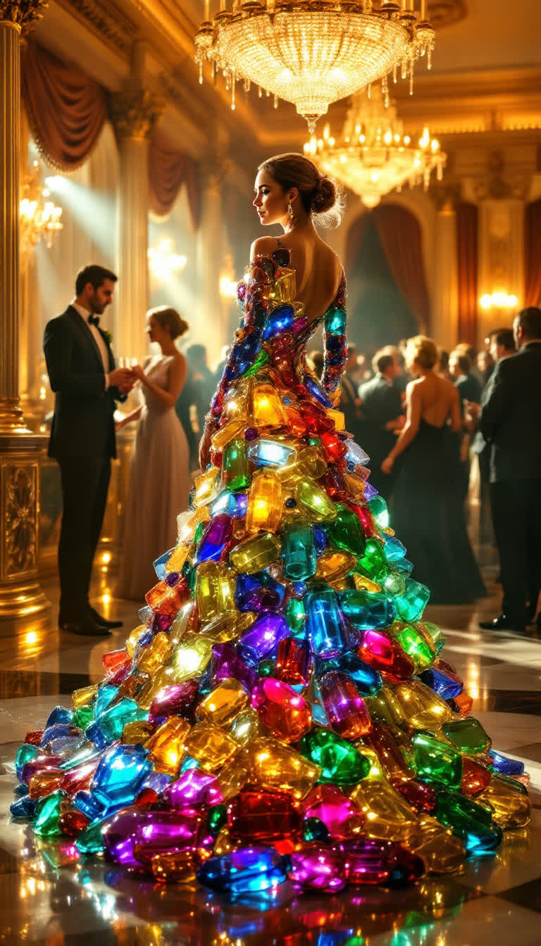 Pounie A stunning female figure in a unique ballgown crafted from shimmering glass beer bottles, reflecting light in a dazzling array of colors She stands gracefully at the center of an opulent ballroom, surrounded by lavish decorations and crystal chandeliers that cast a warm, inviting glow The atmosphere is filled with the soft murmur of elegant conversations and the clinking of glasses Her gown flows elegantly to the floor, the glass elements catching the light with every movement The scene captures the grandeur of the event, with ornate columns and rich drapery framing the background, while guests in formal attire dance and mingle, adding to the enchanting ambiance