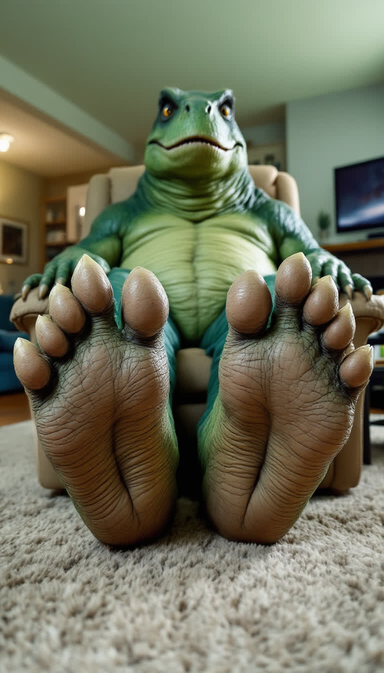 Godzilla on a recliner showing off the soles of his big sweaty feet paws with toe claws, low angle view 