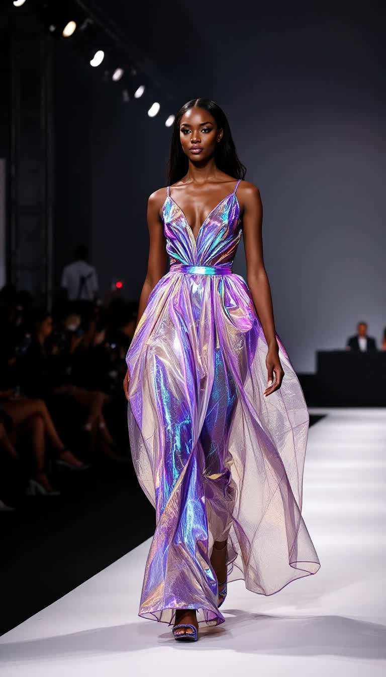 Beautiful black woman wearing a sleeveless iridescent glass dress, puffed out skirt, She is walking down a runway at a model event 