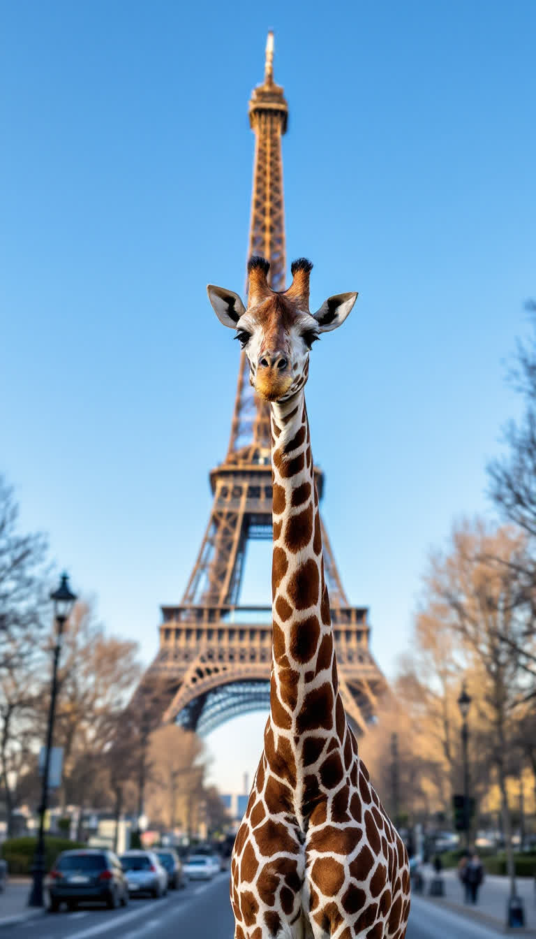 Giraffe standing in front of Eiffel tower 