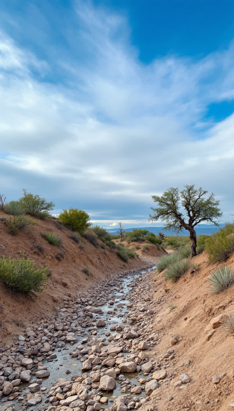 A calm quiet day 90 degree weather no wind no birds chirping, a dry creek bed with river rocks and small hill with cactus sotel Spanish dagger twisted old mesquite  tree by the dry creek bed cerulean blue sky different shades of gray purple and green with olive colors aswell with a few tan colored earth tones 