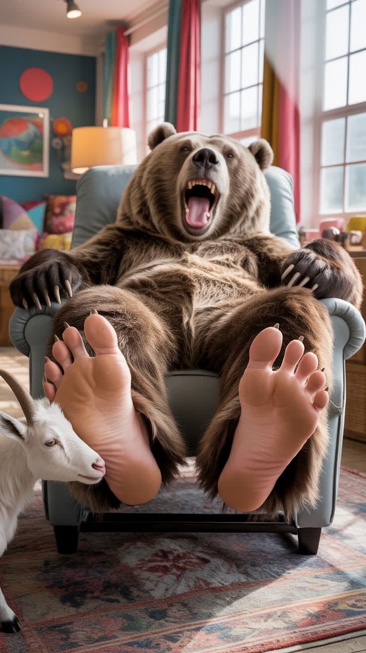 Grizzly bear sprawled on oversized recliner roaring with laughter feet elevated on plush footrest ankles snugly secured in soft padded stocks showcasing large sweaty soles adorned with sharp toe claws goat nimbly licking and teasing tender arch of foot evoking uncontrollable giggles room filled with playful ambiance vibrant colors popping from decor plush cushions and gentle sunlight streaming through large windows creating warm inviting atmosphere tickling sensation heightening joy in whimsical setting