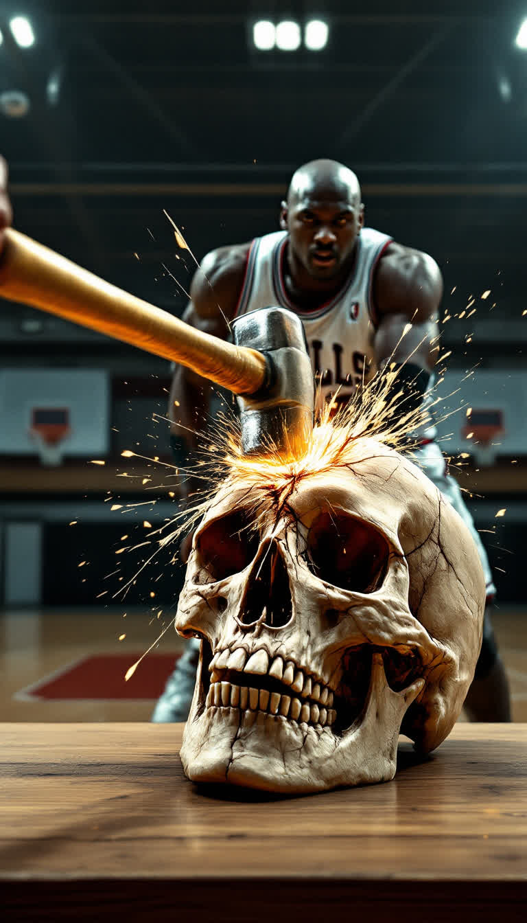 Human skull hit with a hammer by Michael jordan
