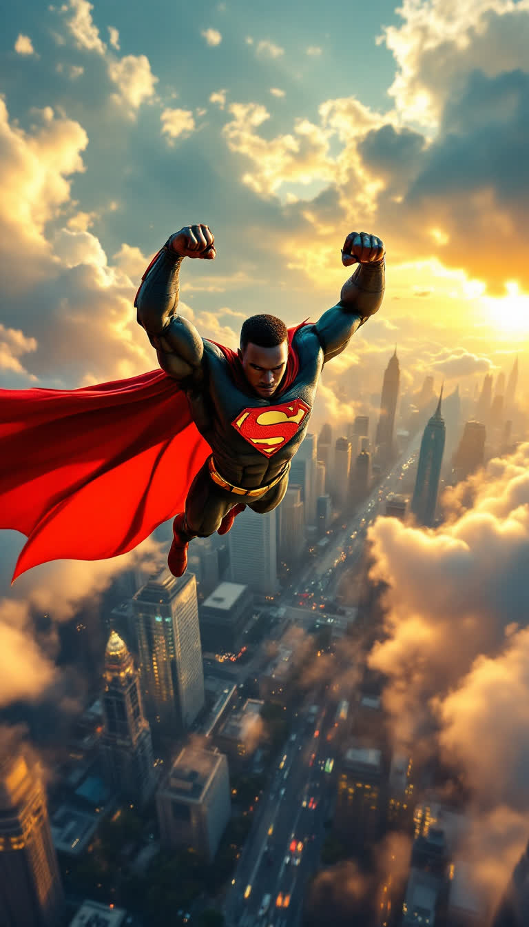 Bold African American superhero soars through the sky dressed in vibrant red black green attire radiating power and heroism He strikes a dynamic pose midflight flexing muscles while cape billows dramatically behind him Below a bustling city skyline glimmers under a golden sunset casting long shadows across modern buildings and vibrant streets teeming with life Citizens look up in awe pointing and cheering creating a sense of excitement and hope Fluffy clouds drift by enhancing the sense of altitude as he embodies strength and courage in this breathtaking urban setting Energetic music underscores the thrill of this heroic scene