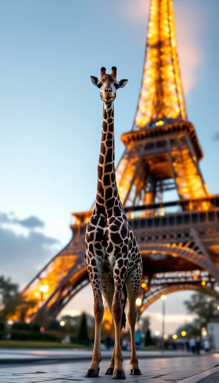 Giraffe standing in front of Eiffel Tower 