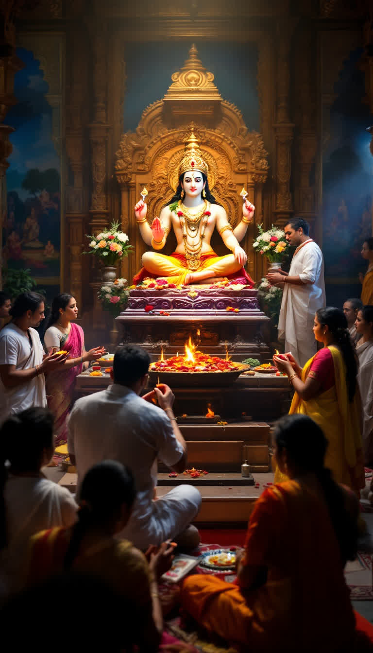 In a temple devotees praying in front of lord vishnu beautiful ideol 