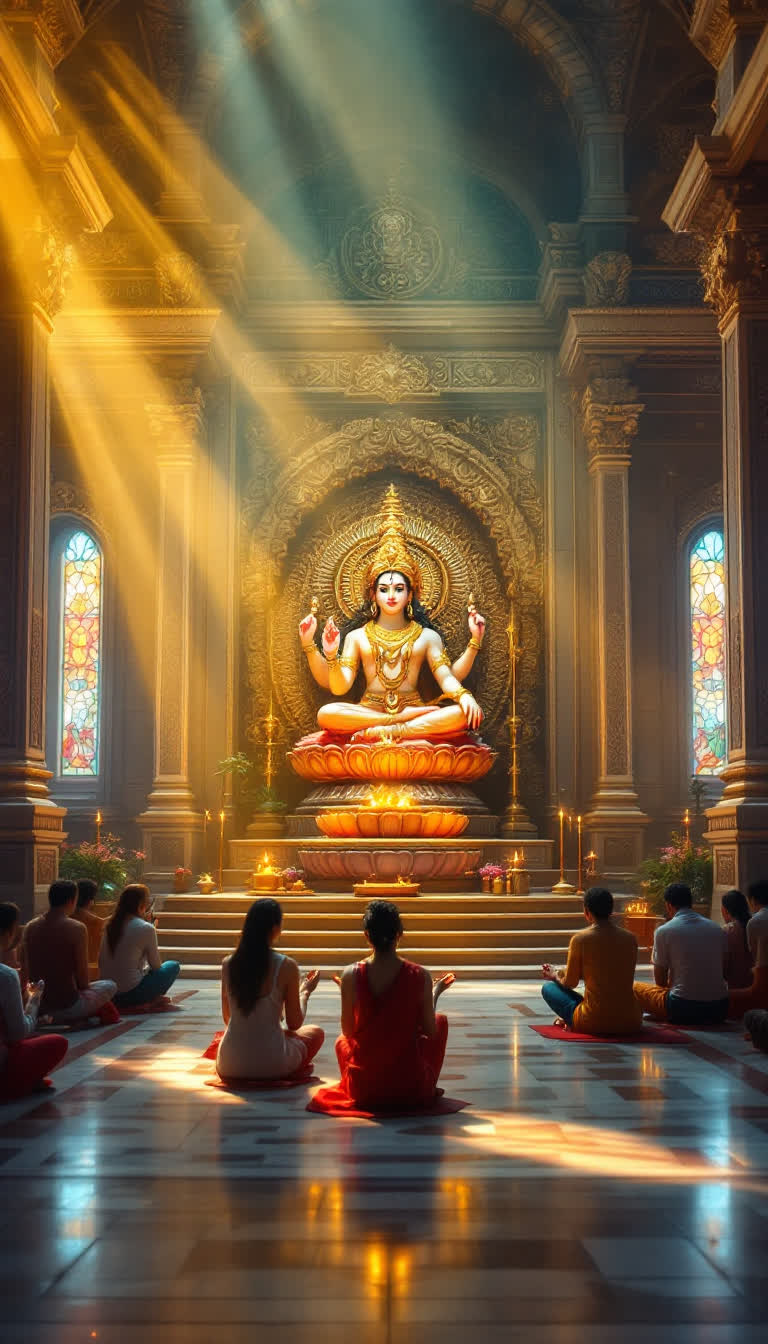 In a Big temple devotees praying in front of lord vishnu beautiful ideol 