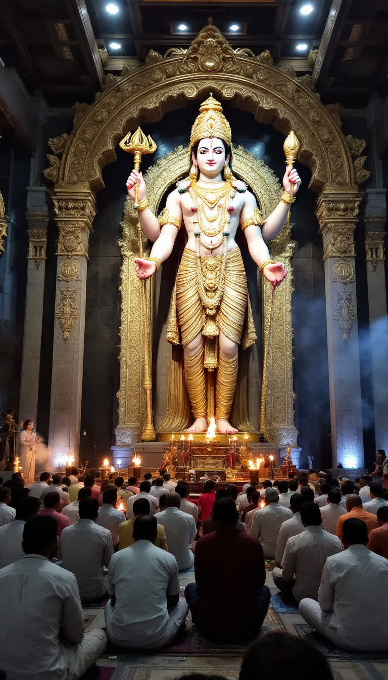 In a  very big temple devotees praying in front of lord vishnu beautiful i and Big deol 