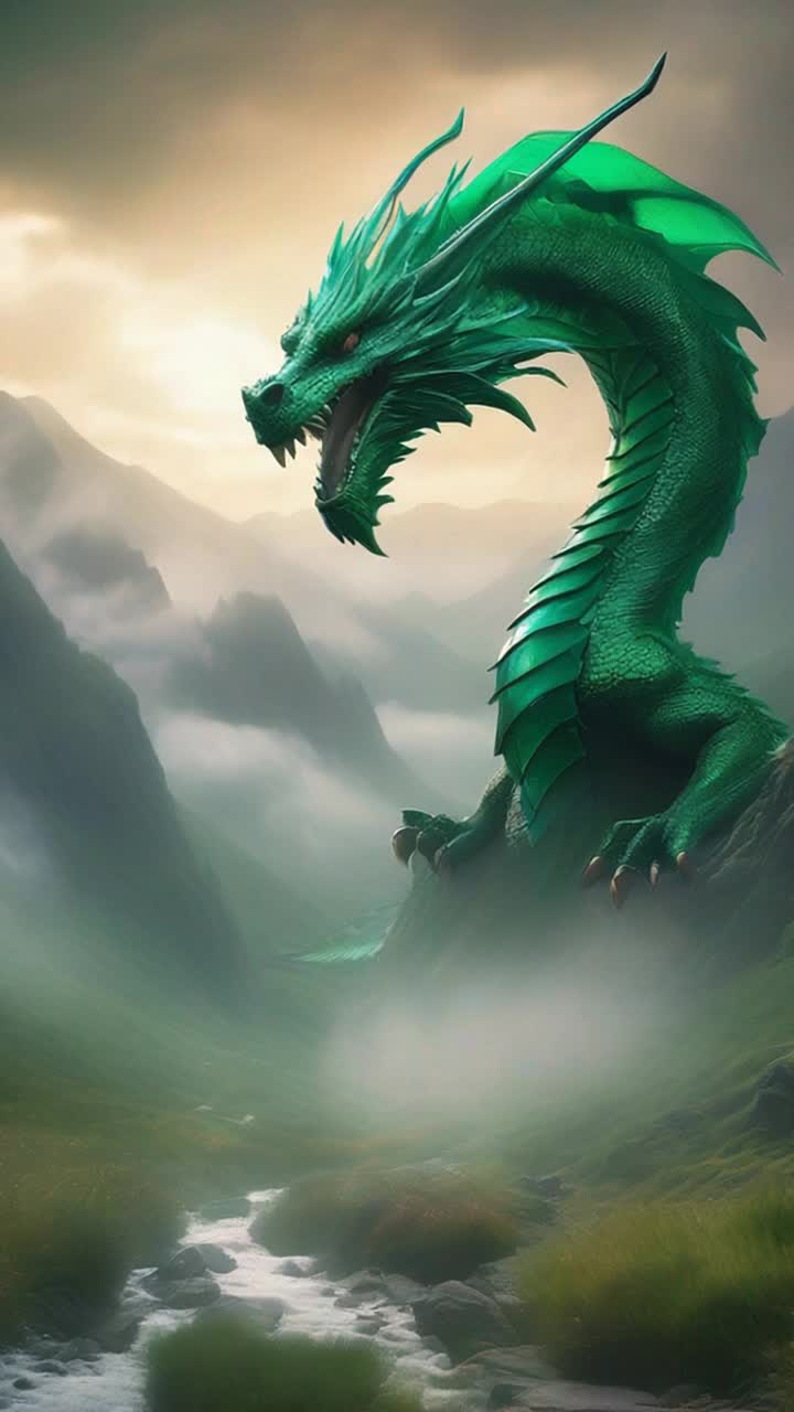 Majestic emerald dragon soaring through misty valley flapping enormous iridescent wings creating gusts of wind sparkling with sunlight Vibrant wildflowers blanket the valley floor swaying gently beneath the dragons flight while towering ancient mountains cradle the scene in their rugged embrace Wisps of clouds trail behind the dragon as it glides gracefully over glimmering streams reflecting the shimmering sky