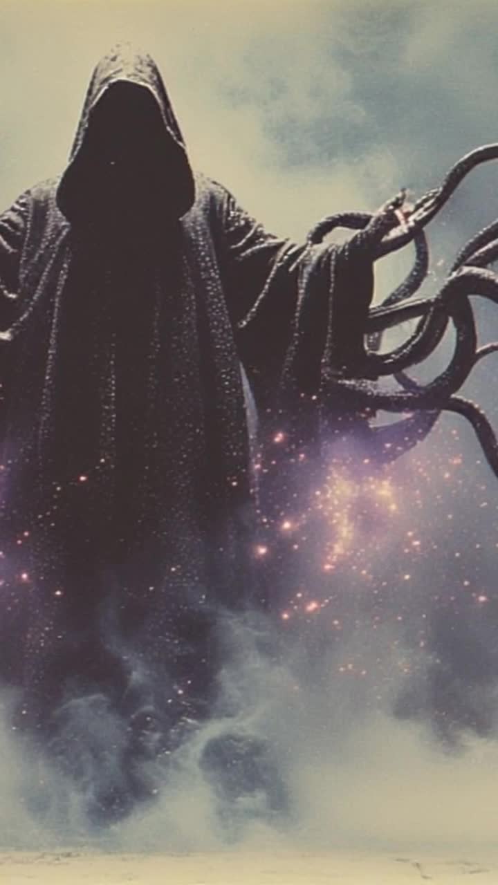 Swirling tentacles unfurling gracefully in shades of deep green and purple, sinuous forms flickering with bioluminescent glows, gliding through the murky depths of the ocean Shimmering bubbles rise around them, reflecting fragmented hues of light Ghostly fog billowing across the waters surface, shrouding everything in an eerie mist, mystical shadows dancing in the twilight Wisps of vapor curl around ancient shipwrecks, hinting at forgotten tales lurking beneath the waves