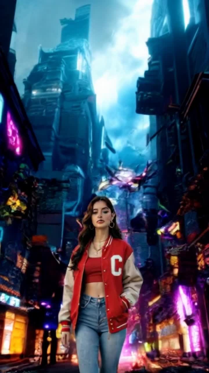Fierce woman with vibrant hair surrounded by three eclectic friends in mismatched fashion styles laughing together   They share stories while weaving through the remnants of a crumbling urban landscape  Graffiticovered walls glow with neon lights as debris litters the cracked pavement creating an atmosphere of resilience and rebellion