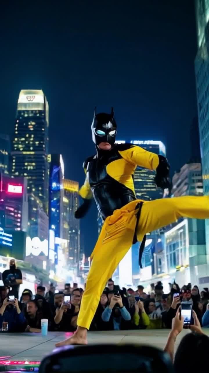 Black Panther in vibrant yellow suit launches into dynamic Taekwondo moves showcasing powerful kicks and swift spins under the spotlight Urban cityscape looms in the background with skyscrapers glinting in the sunset as neon lights flicker to life Crowds gather below in awe capturing every moment on their devices while energetic music pulses in the air Actionpacked choreography unfolds in fluid sequences radiating strength and agility Highenergy scene filled with excitement and vibrant colors culminates in a dramatic pose against the dazzling skyline, leaving viewers on the edge of their seats wanting more