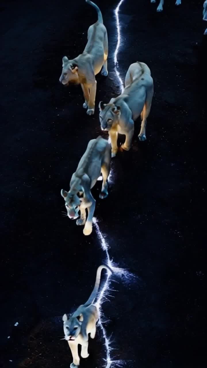 Radiant white lioness standing tall exuding regality surrounded by twelve ethereal lionesses with sparkling fur inching closer to magnificent male white lion radiating strength and elegance Each elegant step leaves luminous paw prints trailing behind illuminating dark void like constellations in night sky Enigmatic atmosphere enveloping scene enhancing striking contrasts between pure white pelts and deep obsidian backdrop Whispering echoes of life reverberating as glowing tracks weave enchanting path of magic drawing gaze toward this mesmerizing moment in mystical realm