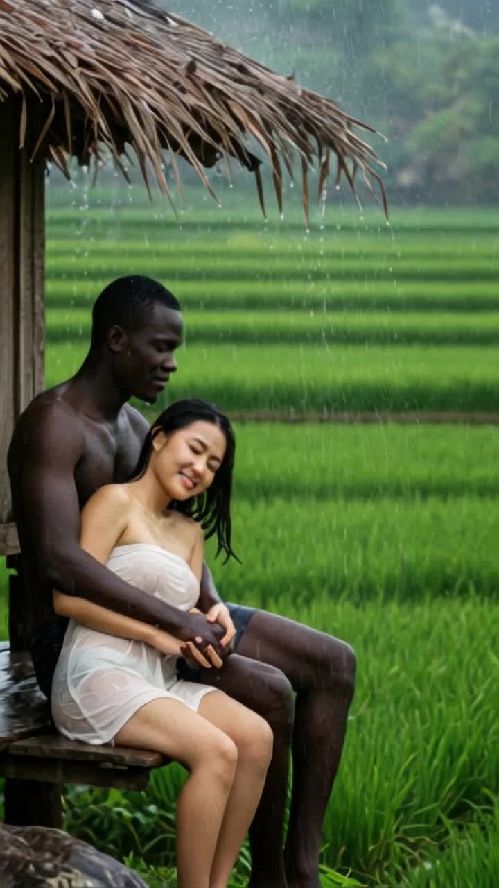 heavy rain, man hugs woman tightly romantically