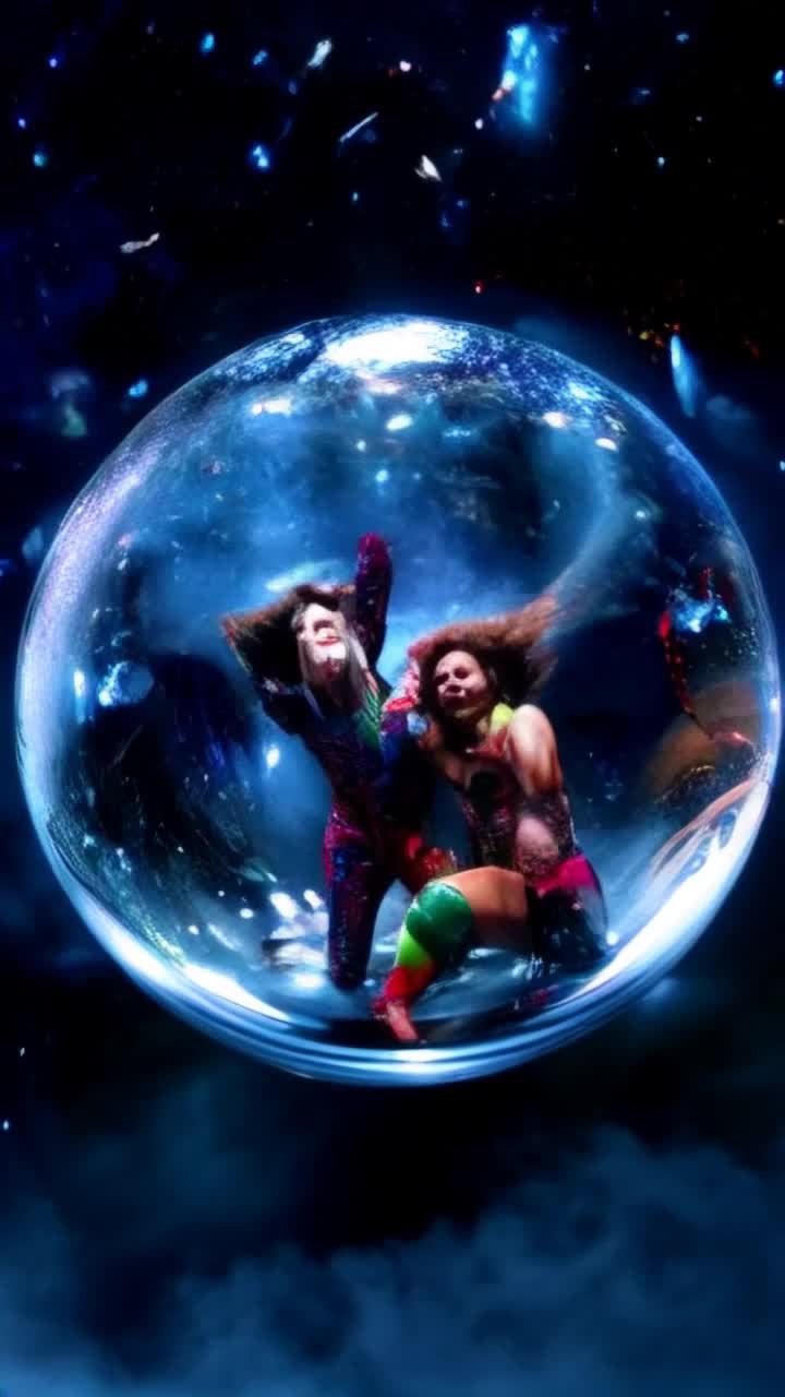 Jackson five and hulk hogan radiating energy dressed in colorful outfits with matching hairstyles twirling and spinning desperately inside a shimmering crystal ball their faces streaked with tears reflecting their anguish Emotions swirling as they try to keep the beat while haunting melodies echo around them Translucent walls of the crystal ball filled with swirling mist and sparkling lights casting a magical yet oppressive atmosphere urging their frantic movements as an ominous shadow looms just outside trapping them in this ethereal prison
