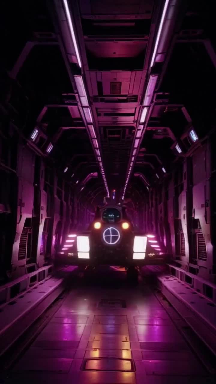 El caza espacial atraviesa a gran velocidad un corredor interno de ciencia ficcin del tamao del sol, sale del corredor y se dirige al espacio, donde se puede ver una batalla espacial al final del corredor.
