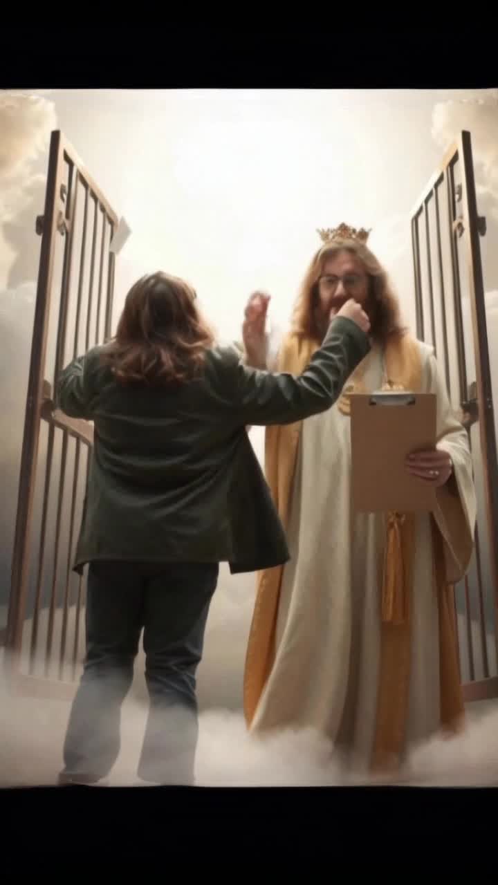 ozzy Osborne disappointed in heaven, ozzy from behind entering heaven acting confused, waving his arms wondering how he got there, Jesus is looking at a clipboard answering his question infront of clouds abd pearly gates