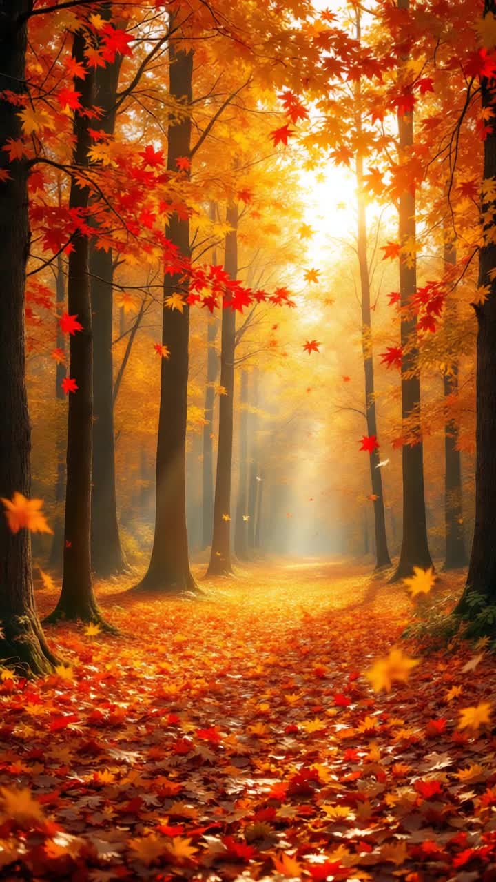 Vibrant autumn leaves swirling in a gentle breeze, brilliant hues of red orange yellow and gold dancing gracefully, enchanting display captivating viewers with their mesmerizing motion, sunlit forest backdrop with tall trees showcasing their brilliant canopy, soft golden rays filtering through branches creating a warm glow, carpet of fallen leaves crunching underfoot inviting exploration, serene atmosphere filled with tranquility and beauty, natures spectacular autumn tapestry woven with colorful brilliance, inviting all to take in this hypnotic seasonal transformation