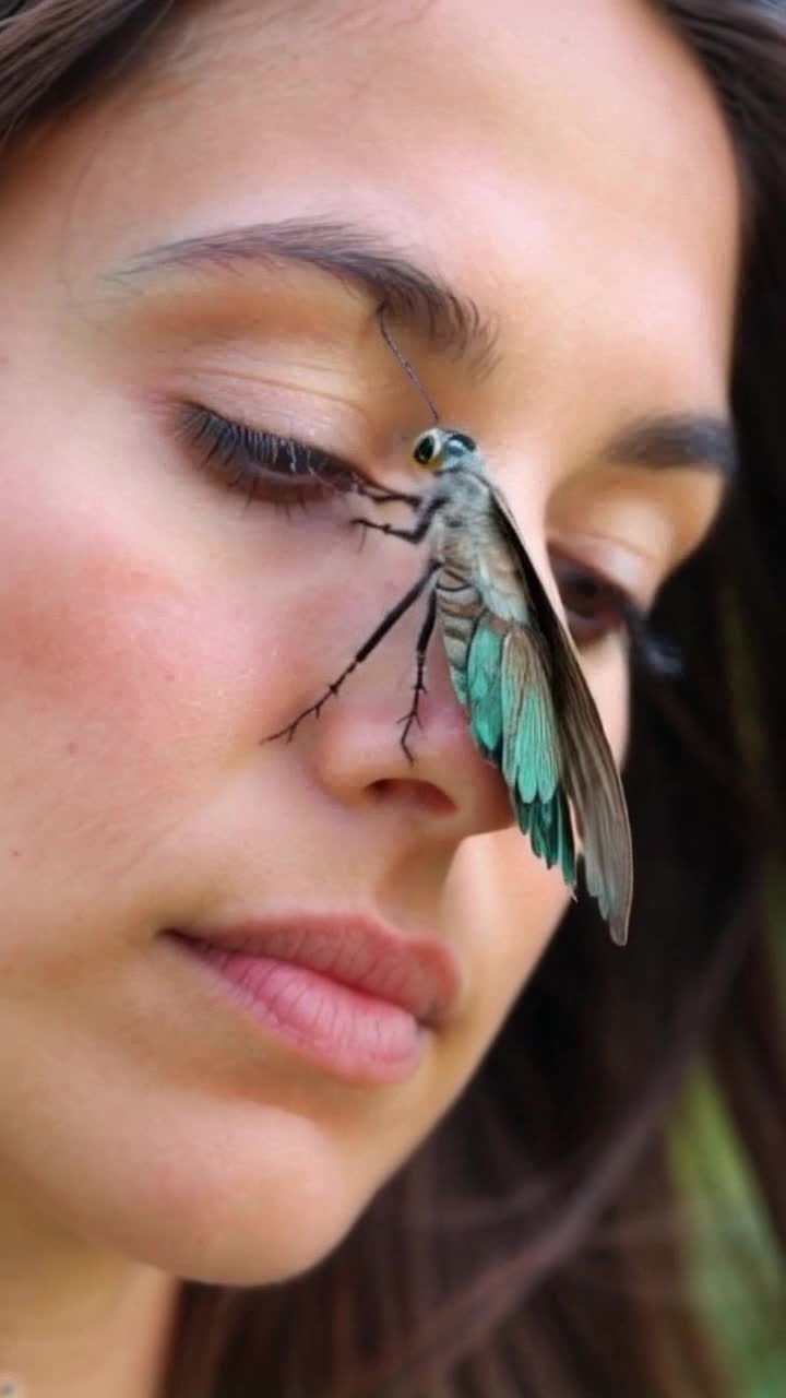 beautiful close up of a beautiful red head womans face, she has a serene look on her face as a large grey and teal moth climbs up her cheek, the wind slightly blows her hair