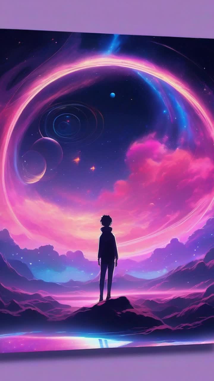 Vast swirling galaxy filled with shimmering stars and breathtaking planets Radiant hues of blues purples pinks dance across cosmic canvas Soft lofi beats create a tranquil atmosphere as celestial wonders float gracefully through dark expanse Ethereal clouds of stardust weave among vibrant planetary rings while distant nebulas pulse with color inviting viewers to drift in peaceful awe lofi themed 