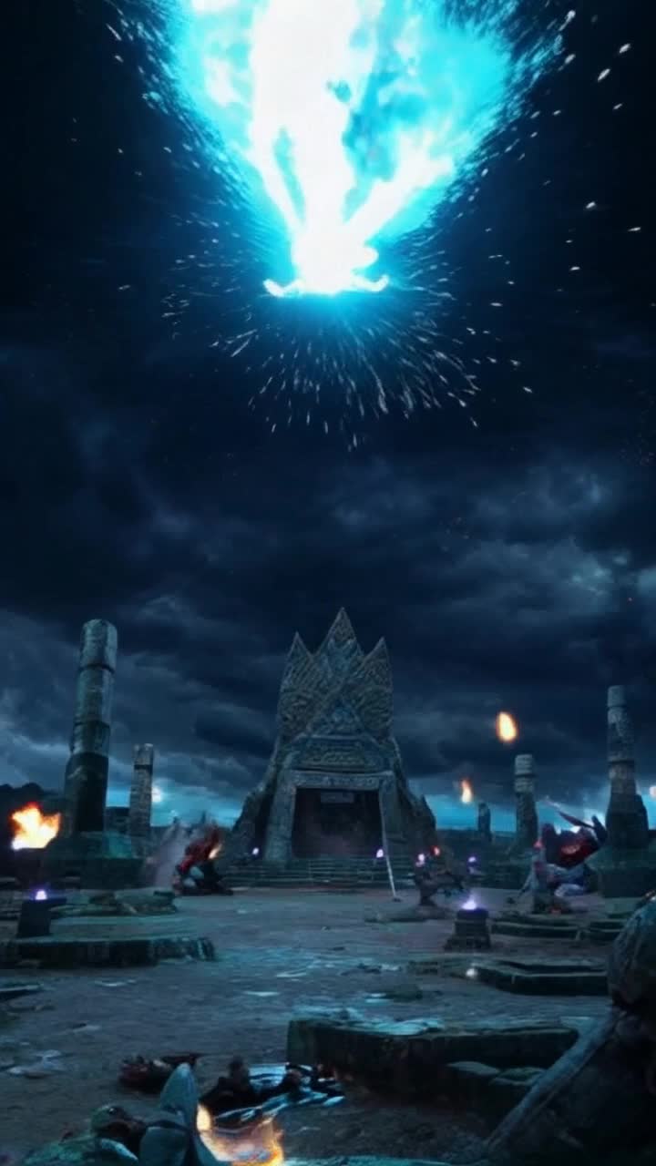 Chosen super Saiyan warrior radiating power surrounded by a horde of sinister demons and witches. Unleashes swirling atomic blue energy creating vibrant shockwaves. Darkened sky crackling with energy illuminating chaotic battlefield dotted with ancient ruins and glowing orbs