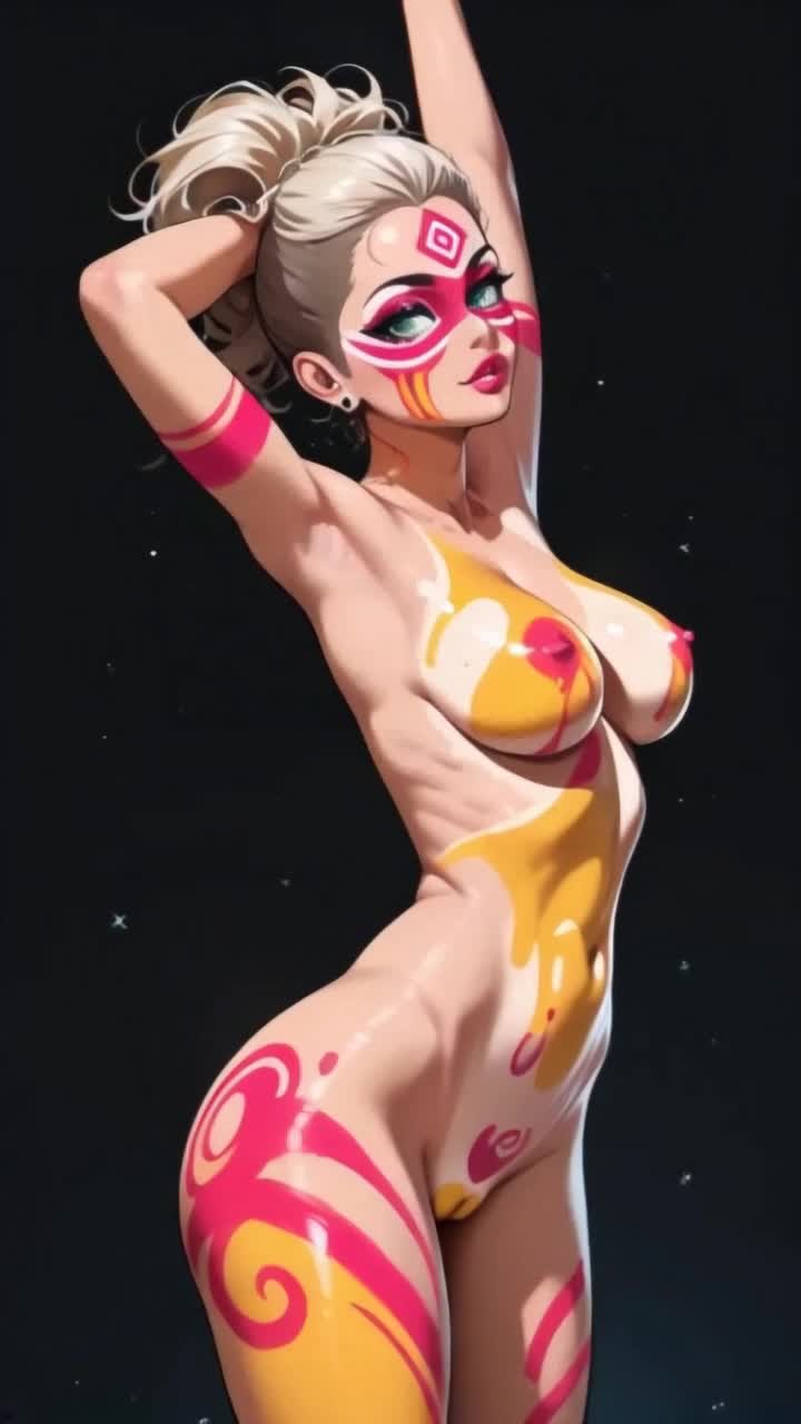 dancing in a rhythmic gyrating motion, with neon accents The camera captures her from a side angle, emphasizing smooth hip movements and controlled bounces The motion is energetic Add subtle motion blur for realism and a slow zoomin effect to highlight the rhythm Keep the lighting vibrant to enhance the atmosphere The overall tone should be fun, confident, 