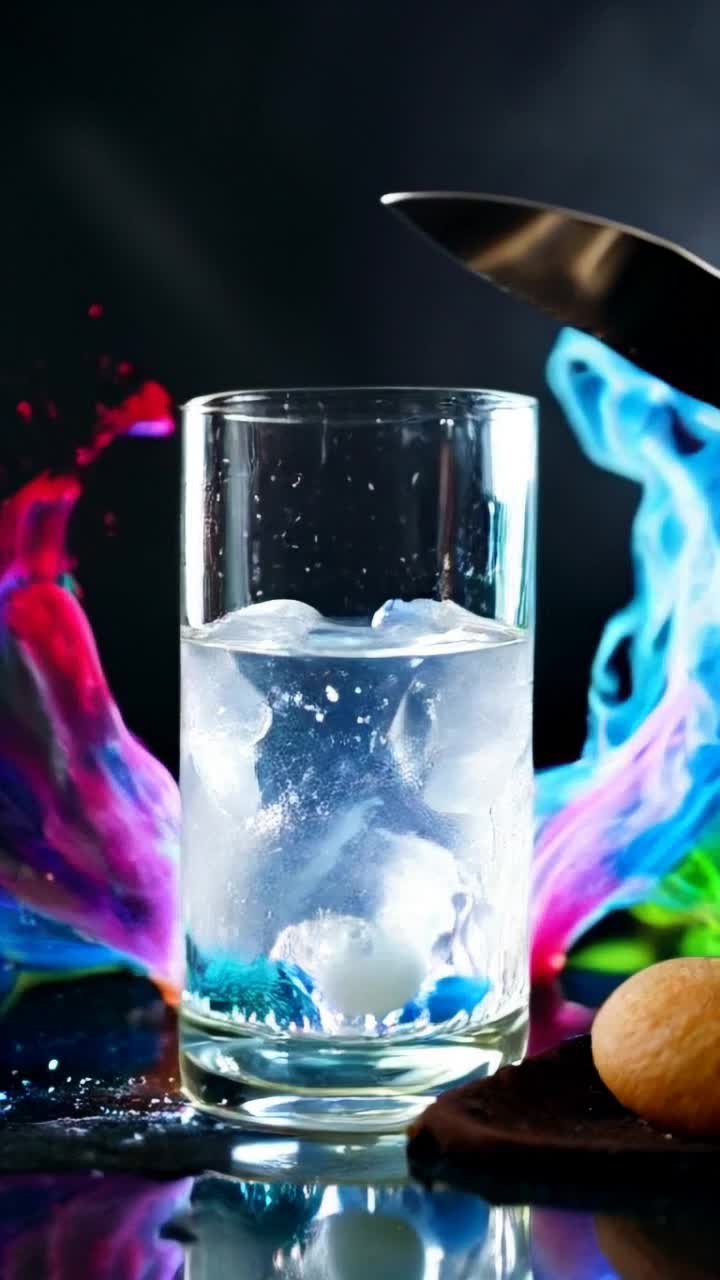 Crystal clear glass filled with sparkling ice water Split effortlessly by a gleaming bread knife in a stunning motion Radiant splashes of psychedelic colors swirl around creating a mesmerizing backdrop vibrant patterns ripple through the space evoking a sense of wonder as the scene unfolds