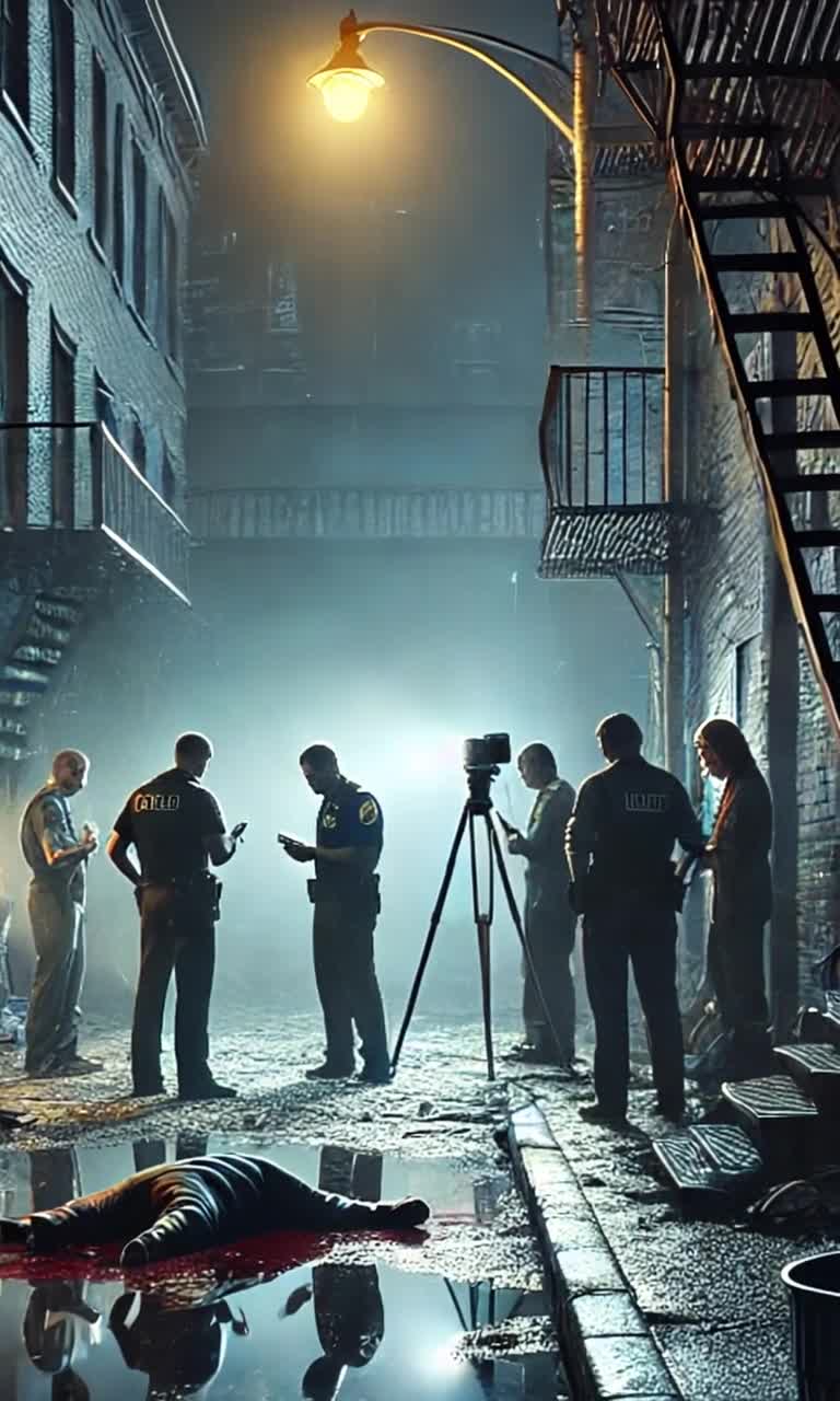 Two rugged detectives crouching low shadows flickering under neon lights capturing ominous crimson stains with cameras exchanging urgent whispers tension thickening crackling like electricity crime scene tape fluttering in an icy night breeze bright police lights pulsing red blue washing over slick cobblestones nearby news reporter gesturing emphatically into microphone as captivated crowd stands frozen whispers of curiosity swirling above unseen figure lurking within storm drain glowing eyes blinking slowly observing every heartbeat electric silence enveloping scene anticipation rising palpable in chilling night air