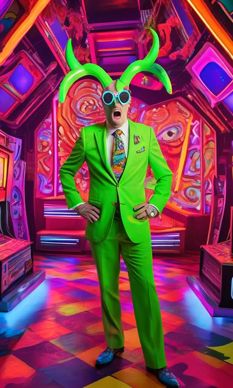 Grotesque creatures with drooping snouts twisted horns long tails adorned in vibrant mod 1960s attire collide in chaotic banter and laughter amidst zany psychedelic game show atmosphere Colorful oversized squares flash neon lights from a backdrop overflowing with psychedelic patterns rich in vibrant hues echoing vintage television sets Ridiculous challenges unfold as these bizarre contestants drool squabble and engage in comical displays of charm and horror capturing the absurdity of this parody