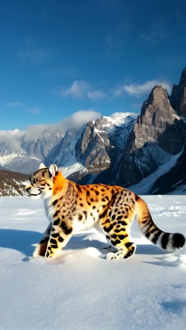 Snow leopard with luxurious fur sparkling in sunlight leaps gracefully through swirling soft white snowflakes Powerful legs propel it into a whimsical dance leaving delicate paw prints in expansive snowy landscape Majestic mountain peaks rise dramatically rugged cliffs adorned with glistening frost radiant icicles dangle from craggy outcrops Bright azure sky stretches infinitely overhead fluffy white clouds drift leisurely enhancing tranquil yet exhilarating essence of winter wonderland