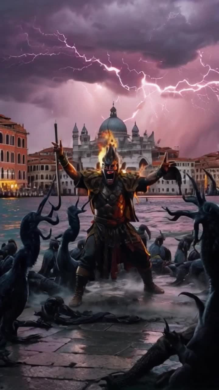 Fierce high vibrational warrior unleashing intense roar of rage performing ancient martial arts moves with fierce precision decimating massive horde of shadowy demons swirling around him dramatic stormy skies lighting flashes illuminating iconic Venetian architecture water reflecting chaos below