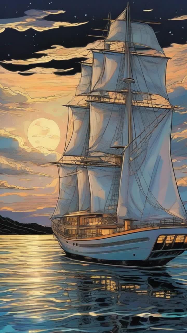 A huge yacht gently drifts, as sunset becomes twilight phosphorescent life glows just under the surface of the calm water reflecting the clouds and stars rippling under the night sky, the yacht transforms into a fast paced schooner and speeds out of view