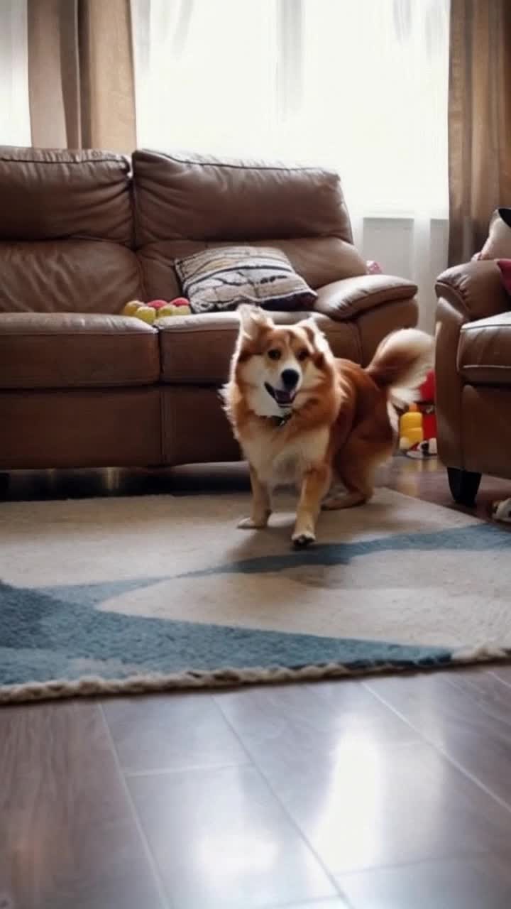 Playful dog bounding joyfully flanked by curious cat with twitching tail engaging in friendly rivalry in a bright living room filled with scattered toys and sunlit patches creating a warm inviting atmosphere with colorful cushions and a potted plant in the corner