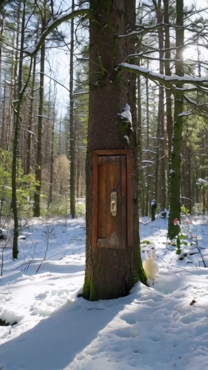 A door appears in a big tree in a snowy  forest in winter, the door opens to an entry to another realm that appears to be the same forest but it is summer and flowers are in full bloom, sun shines on the bright and dark greens of foliage and birds fly, squirrels run around the ground and on branches as a white rabbit runs out of the gray cold and  into the happy warmth