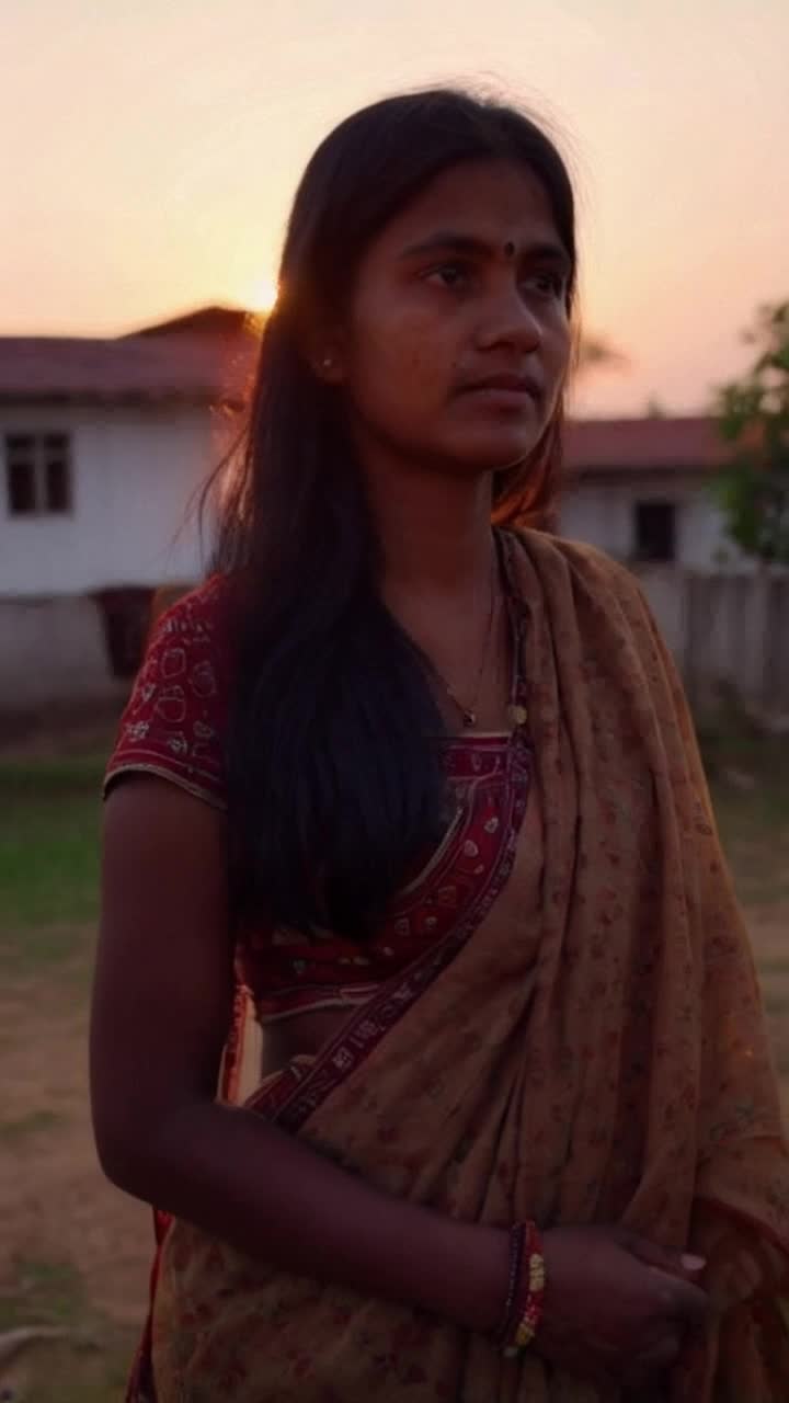 an indian lady wearing old piece of cloth with open and spread hair in the evening time